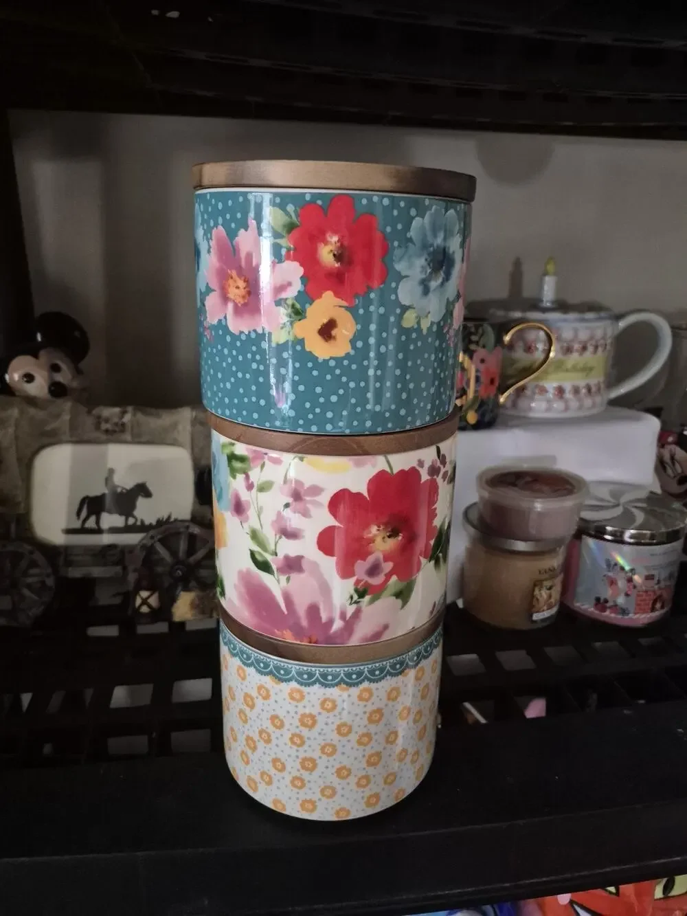 💥 Pioneer Woman Floral Medley Stacking 3-Piece Stoneware Canister Set w/Lids
